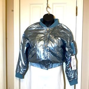 Magnlens Women’s Metallic Light Blue Emo Bomber Puffer Jacket